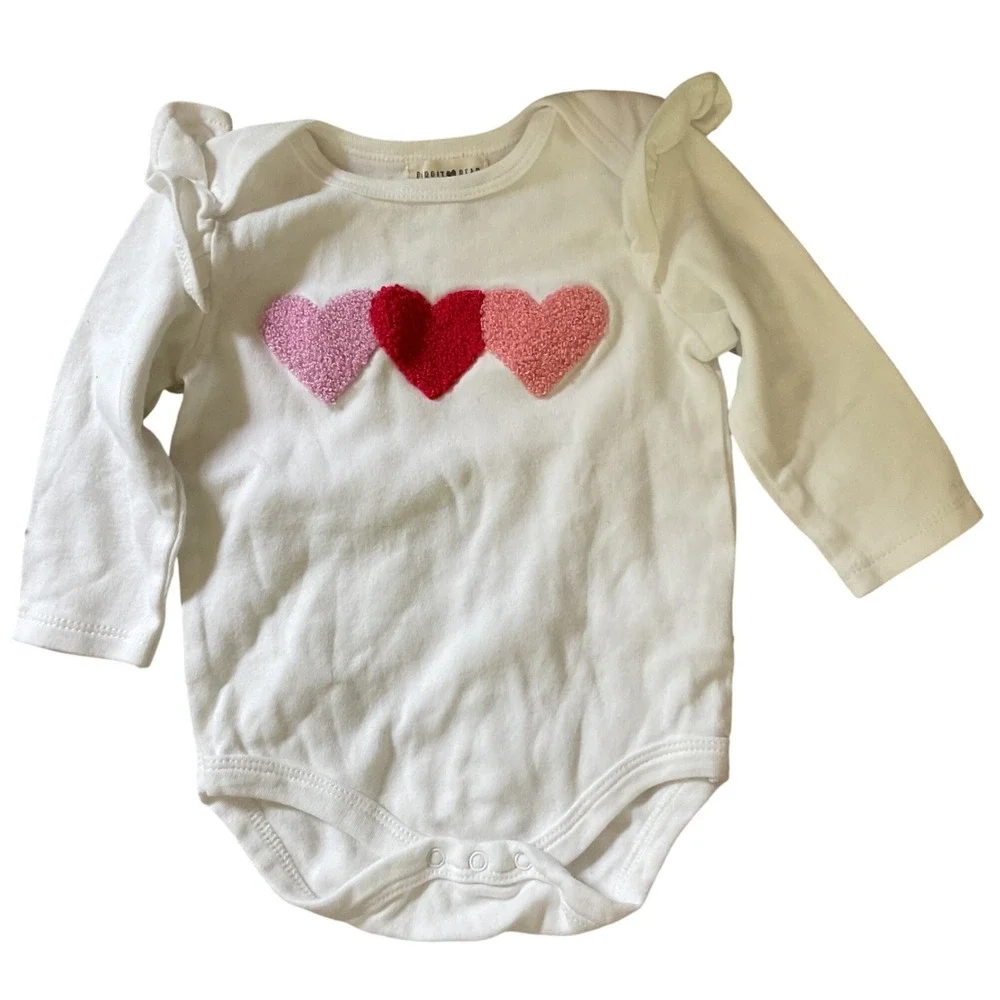 Rabbit Bear Baby Girls Heart Chenille Patch Ruffle Bodysuit White 6-9M